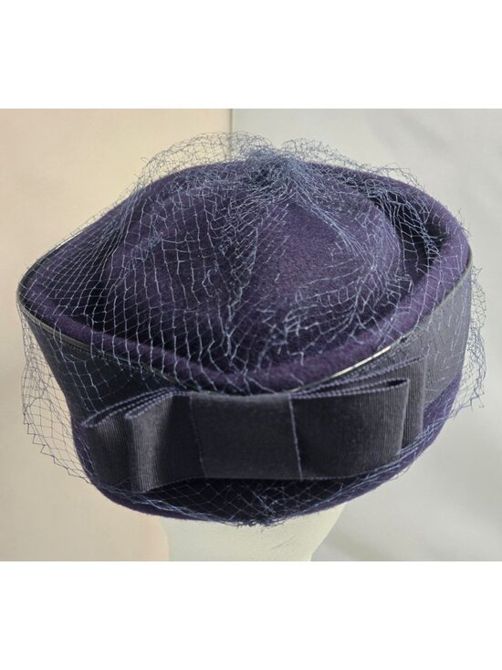 Vintage Glenover Hat Ribbon Veil pillbox Navy Blue Felt formal  derby party main image 9